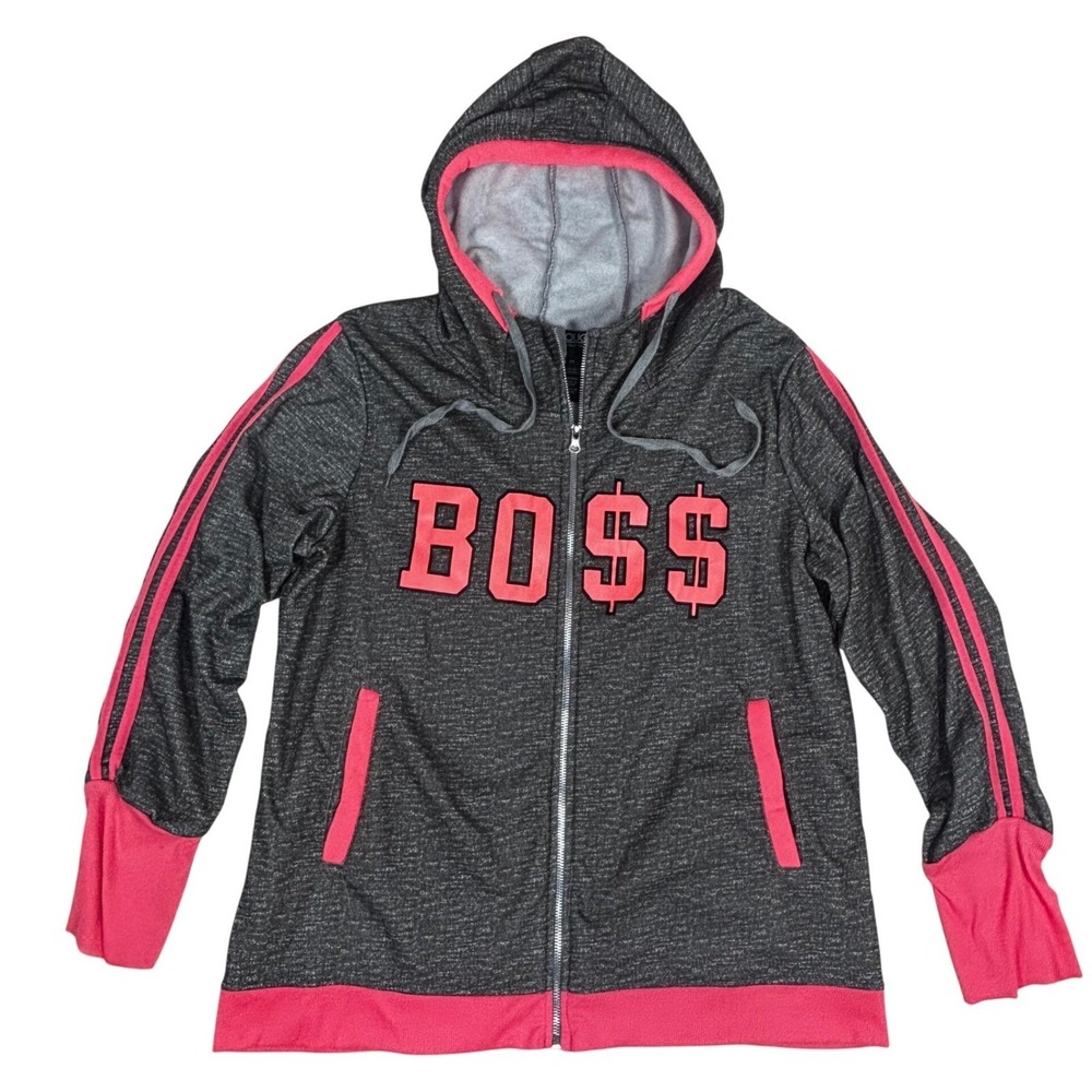 Boss with Dollar Sign Graphic Rouge Womens 2X Pink Grey Zip Up Hoodie Sweatshirt